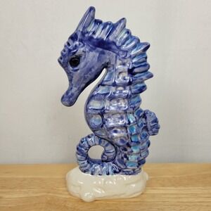 Hand Signed Studio Pottery Seahorse Figurine Blue Drip Glaze Coastal Art Decor